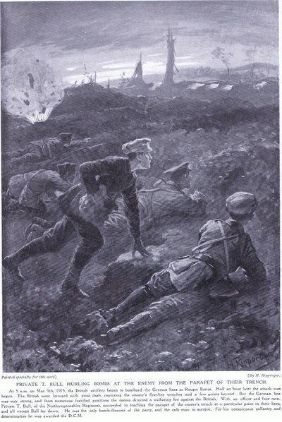 Il soldato T. Bull ha vinto una DCM lanciando bombe contro il nemico dal parapetto della loro trincea a Rouges Banc, maggio 1915 da H. Ripperger